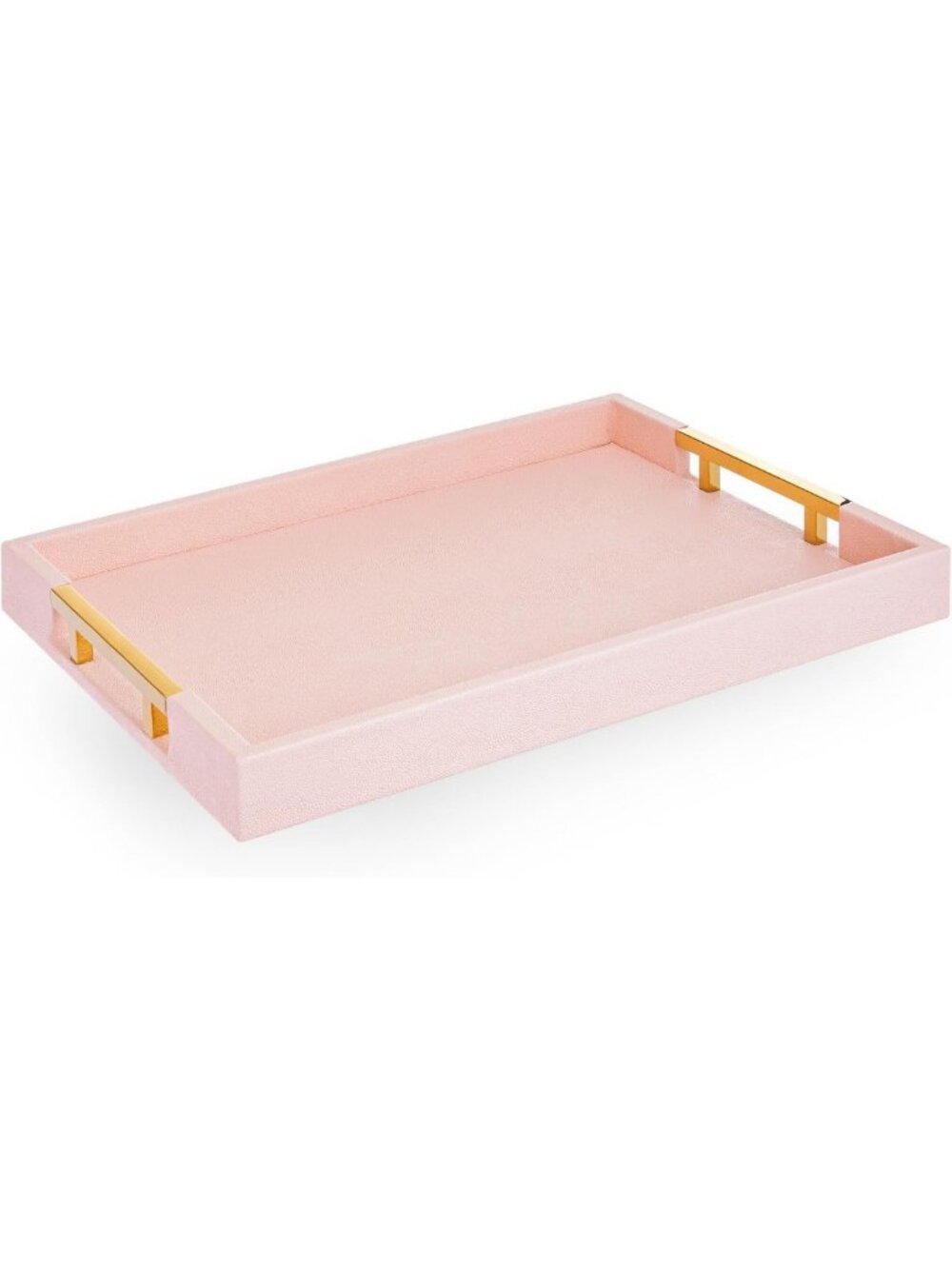 Elegant Baby Pink Rectangle Tray - Glossy Faux Leather, Gold Handles, Decorative